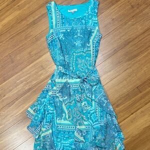 Robbie Bee Y2K Turquoise Paisley Ruffle Bottom Tie Waist Dress size 6